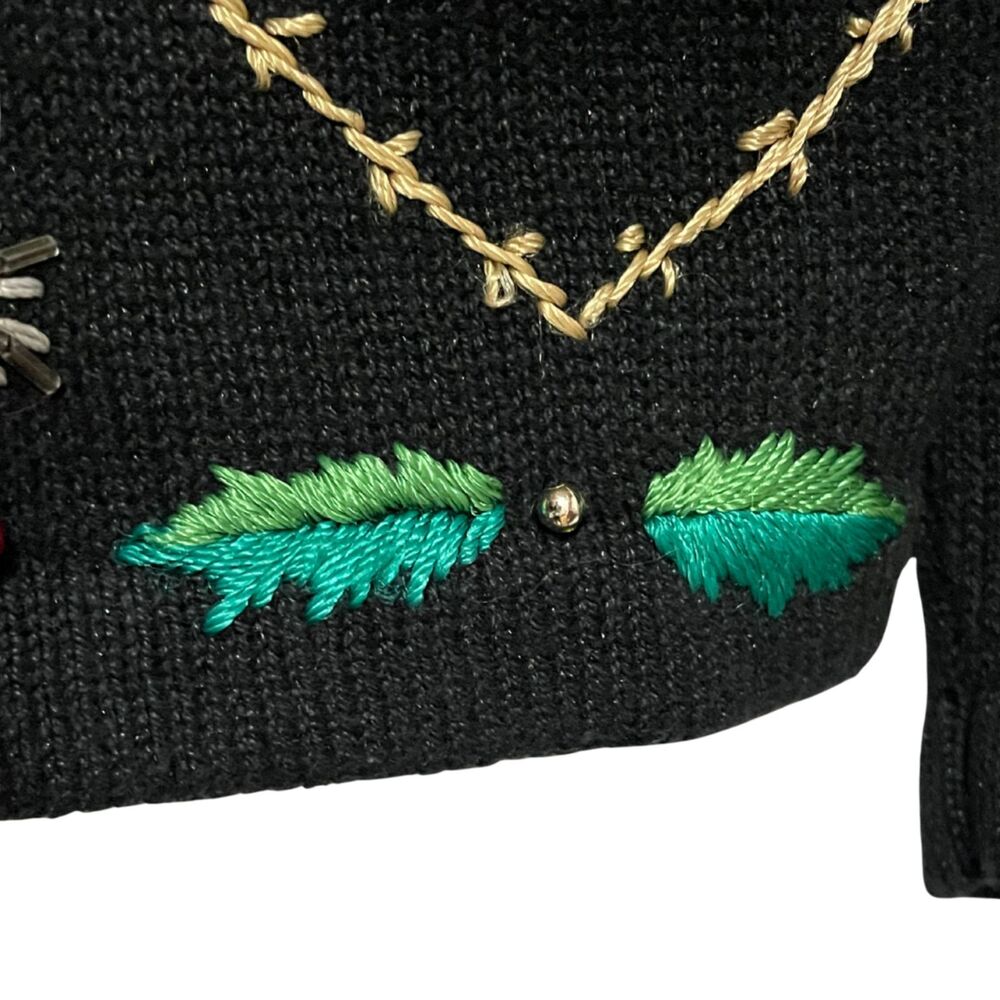 OHI Vintage Black Christmas Holiday Knit Cardigan Sweater Embroidered Beaded - Picture 4 of 13